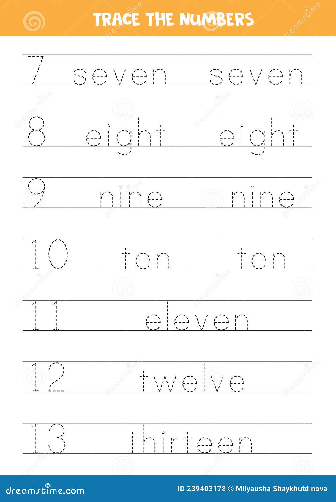 tracing-numbers-in-words-worksheet-for-children-stock-vector