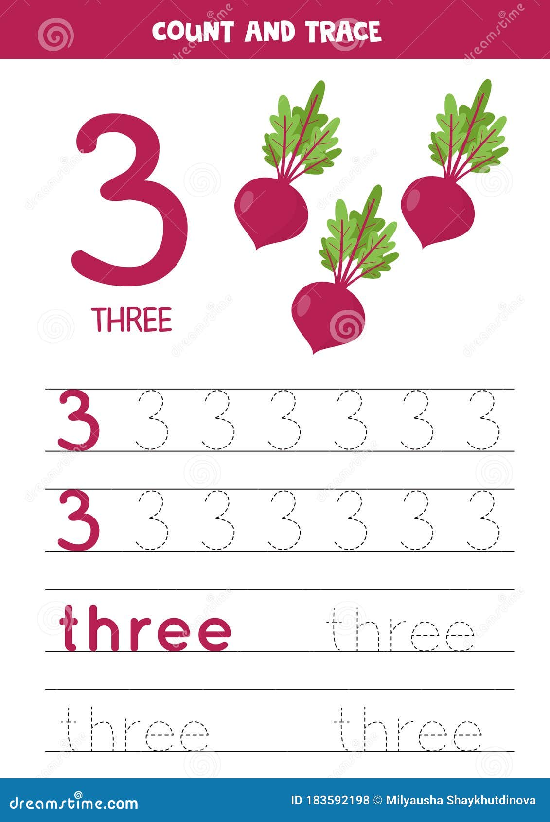 tracing the word three and the number 3 cartoon beets images stock vector illustration of homework cute 183592198