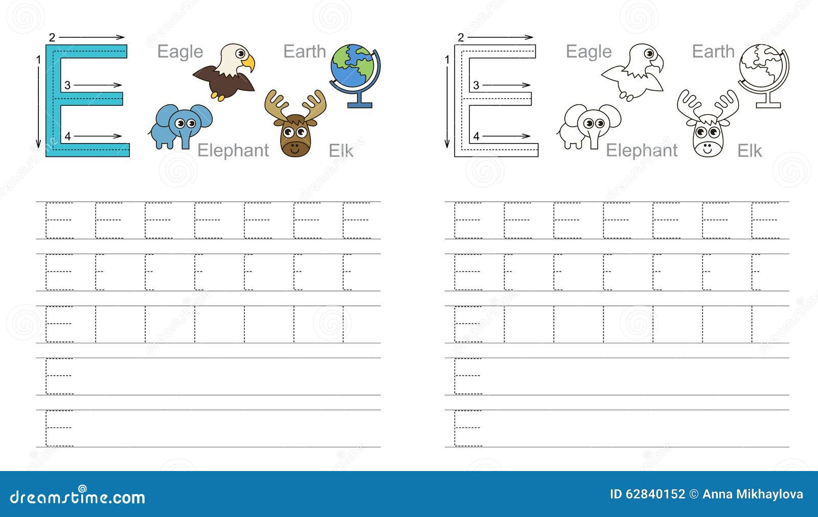 tracing worksheet for letter e stock vector illustration of cartoon