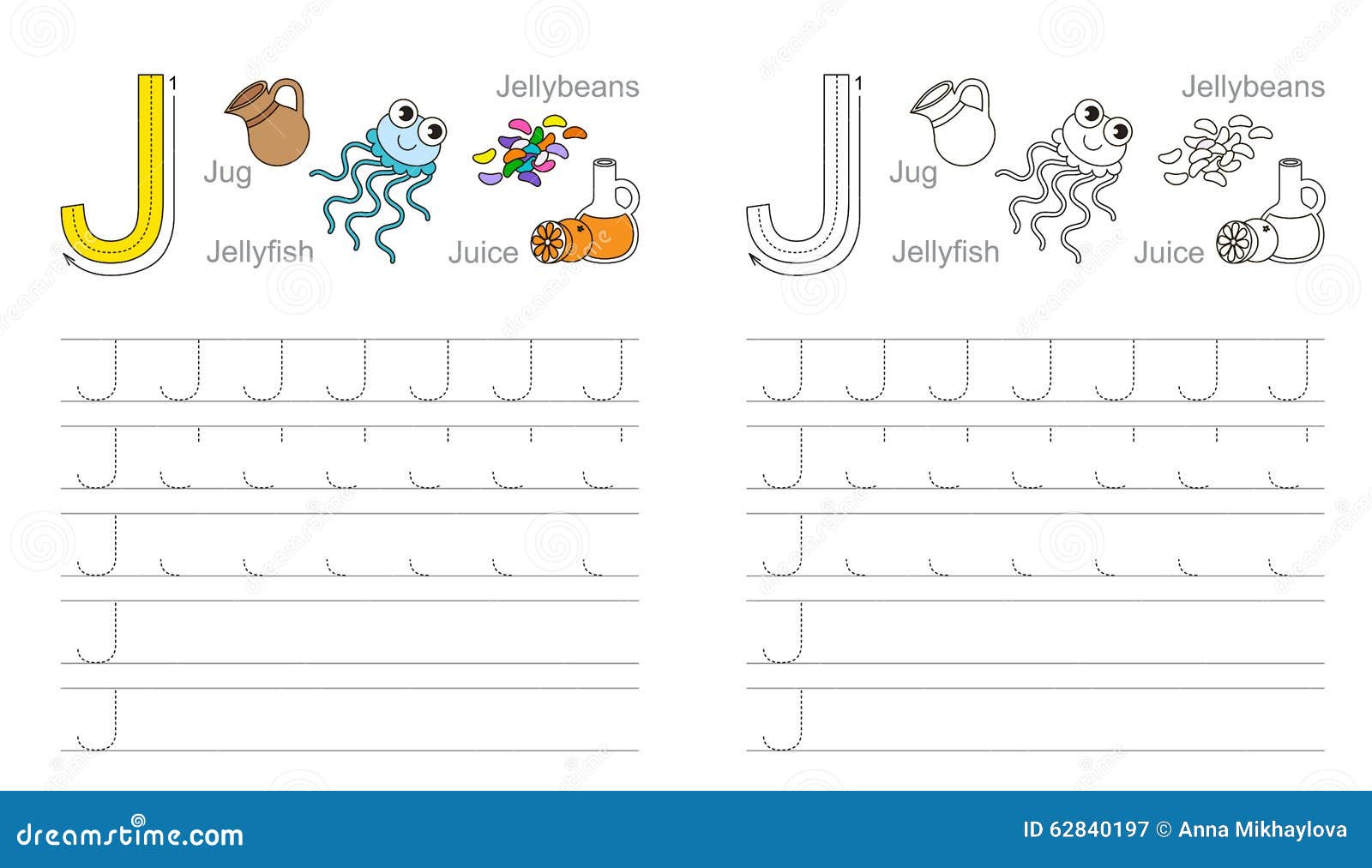 tracing worksheet for letter j stock vector illustration of book cartoon 62840197
