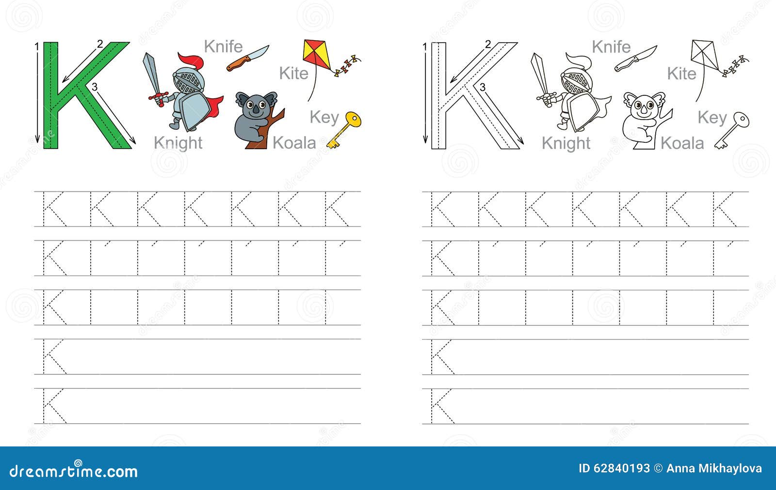 Tracing Worksheet For Letter K Stock Vector - Illustration of colored