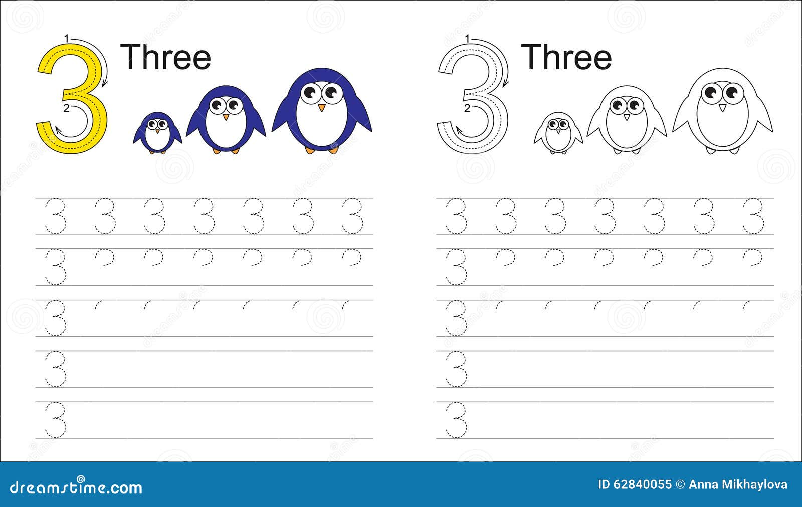 Tracing Worksheet for Letter 3 Stock Vector  Illustration of funny, print 62840055