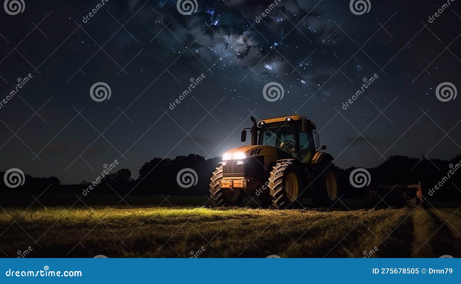 Tractor Driving on a Dirt Road at Night Stars in the Sky Stock