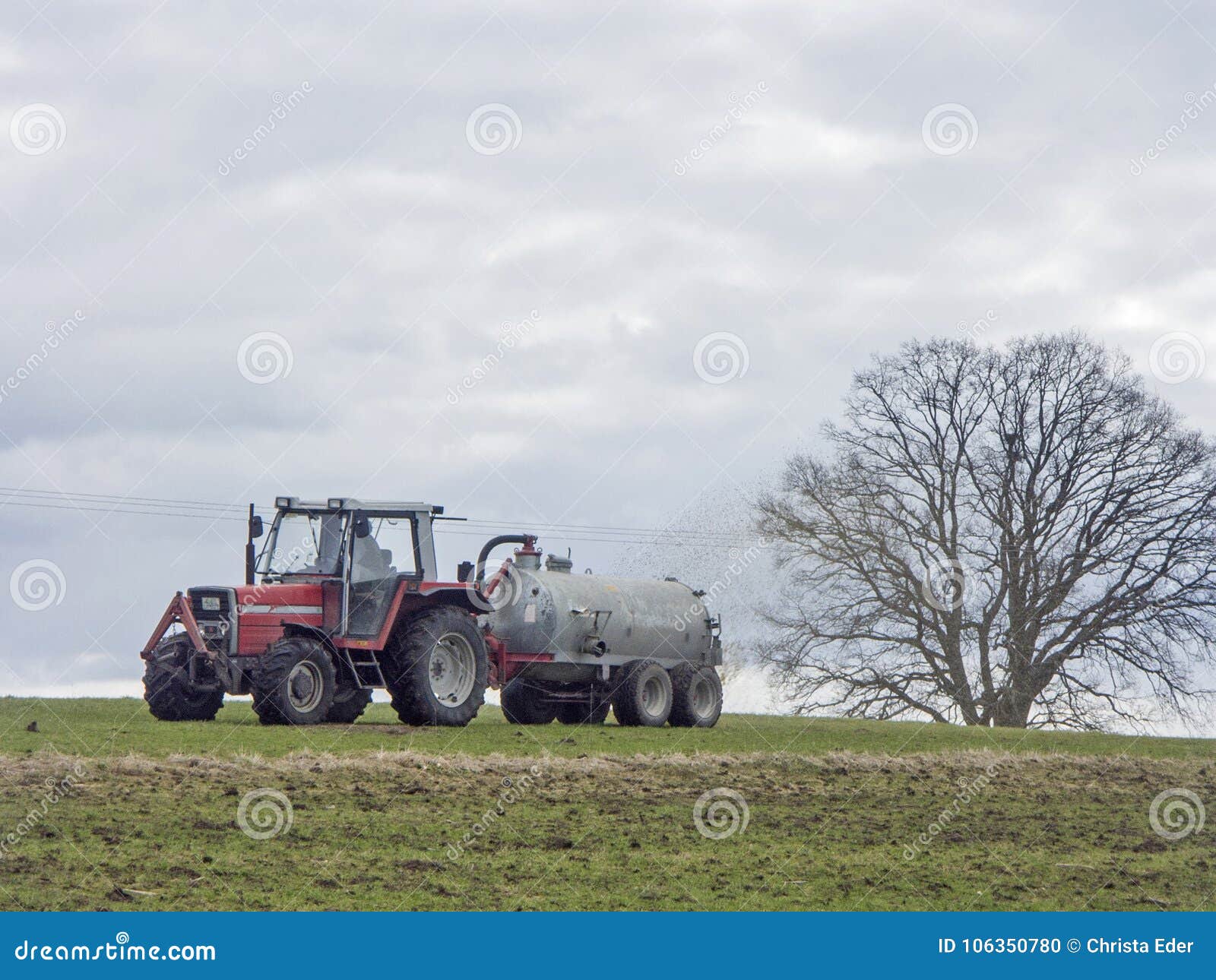 tractor with manure barrel - farmer fertilizes meadow