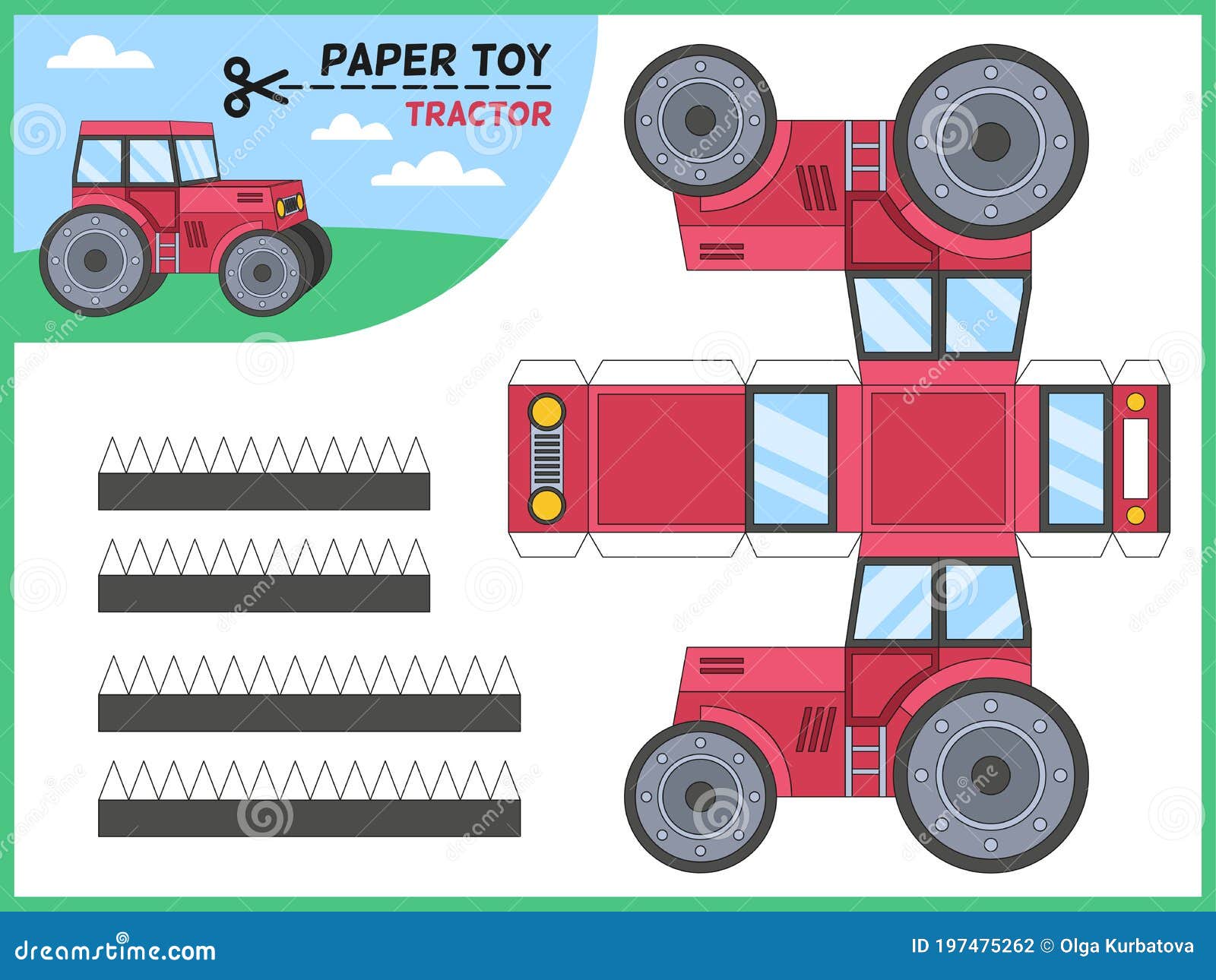 tractor paper cut toy. kids handmade educational game printable 3d paper model, worksheet with tractors s