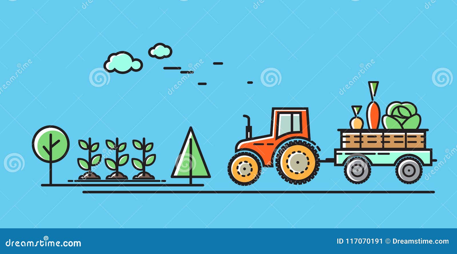 Tractor Rides on the Road in the Countryside. Vector Illustration in