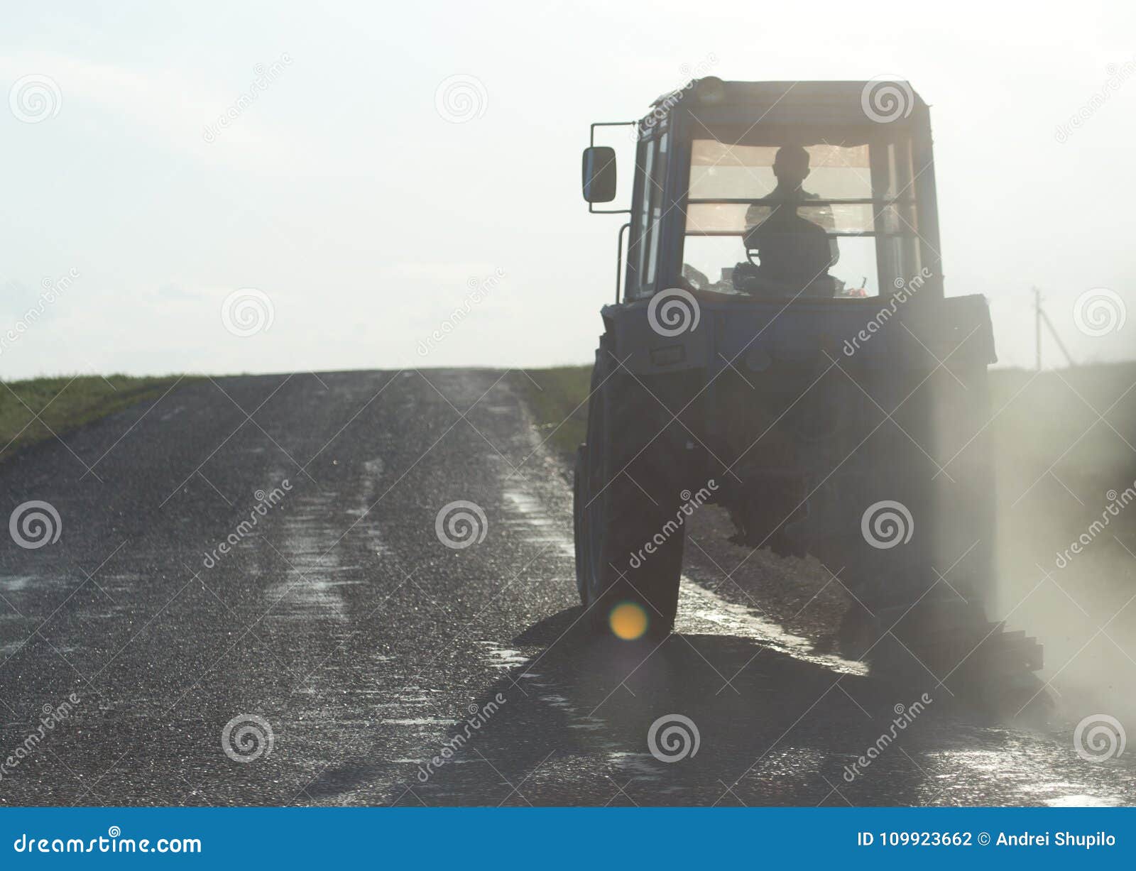 Tractor on the Road at Sunset Stock Photo Image of poplars, agriculture 109923662
