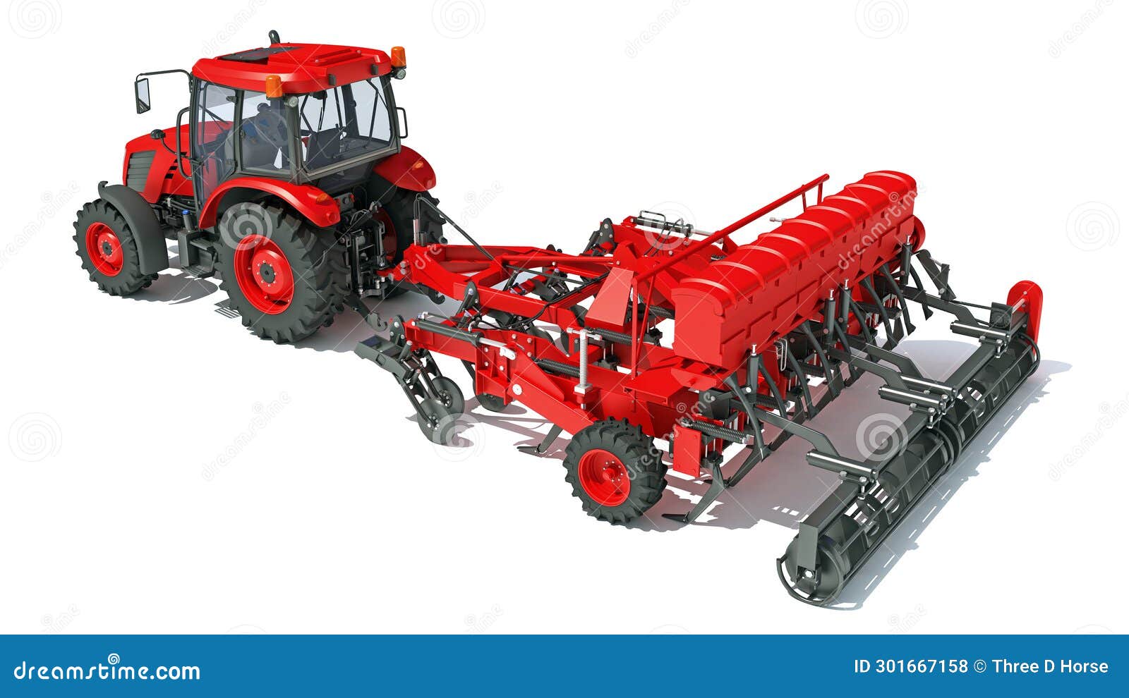 Tractor with Seed Drill Farm Equipment Disc Harrow 3D Rendering on