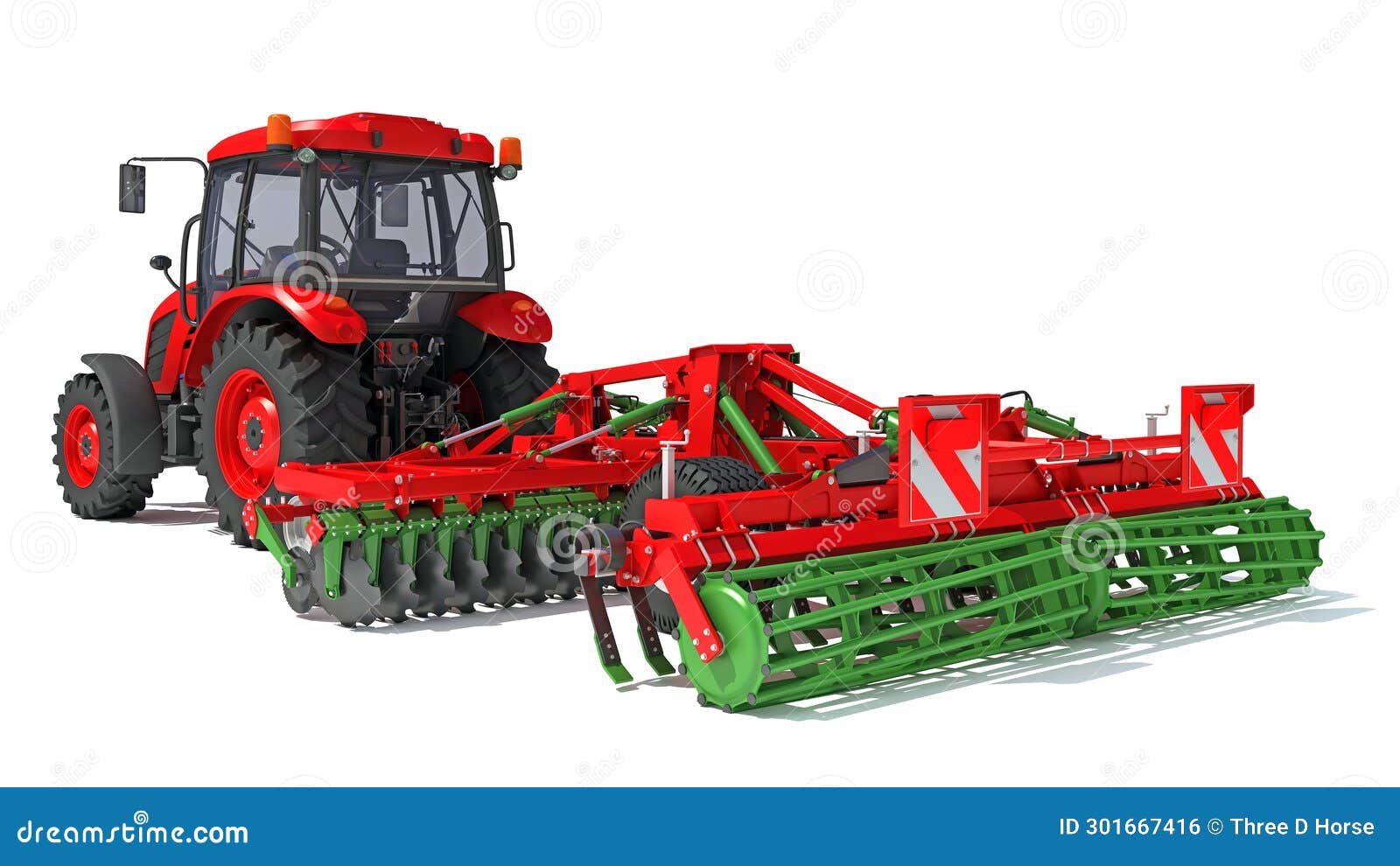 Tractor with Seed Drill Farm Equipment Disc Harrow 3D Rendering on