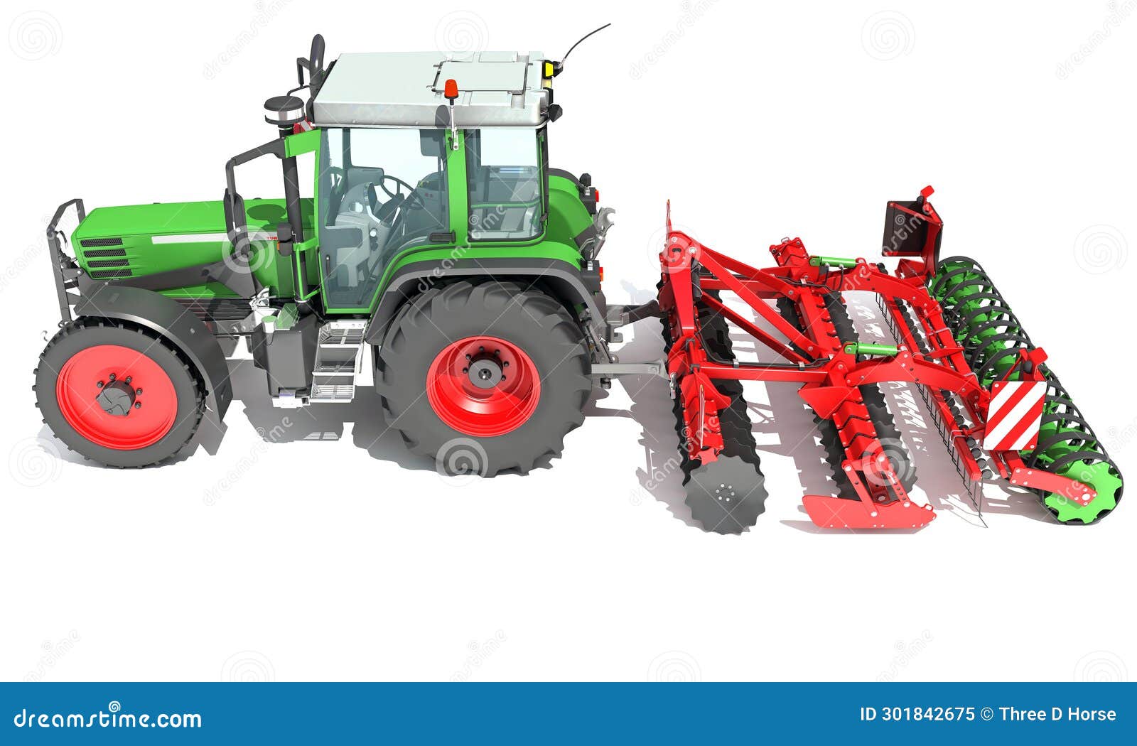 Tractor with Seed Drill Farm Equipment Disc Harrow 3D Rendering on