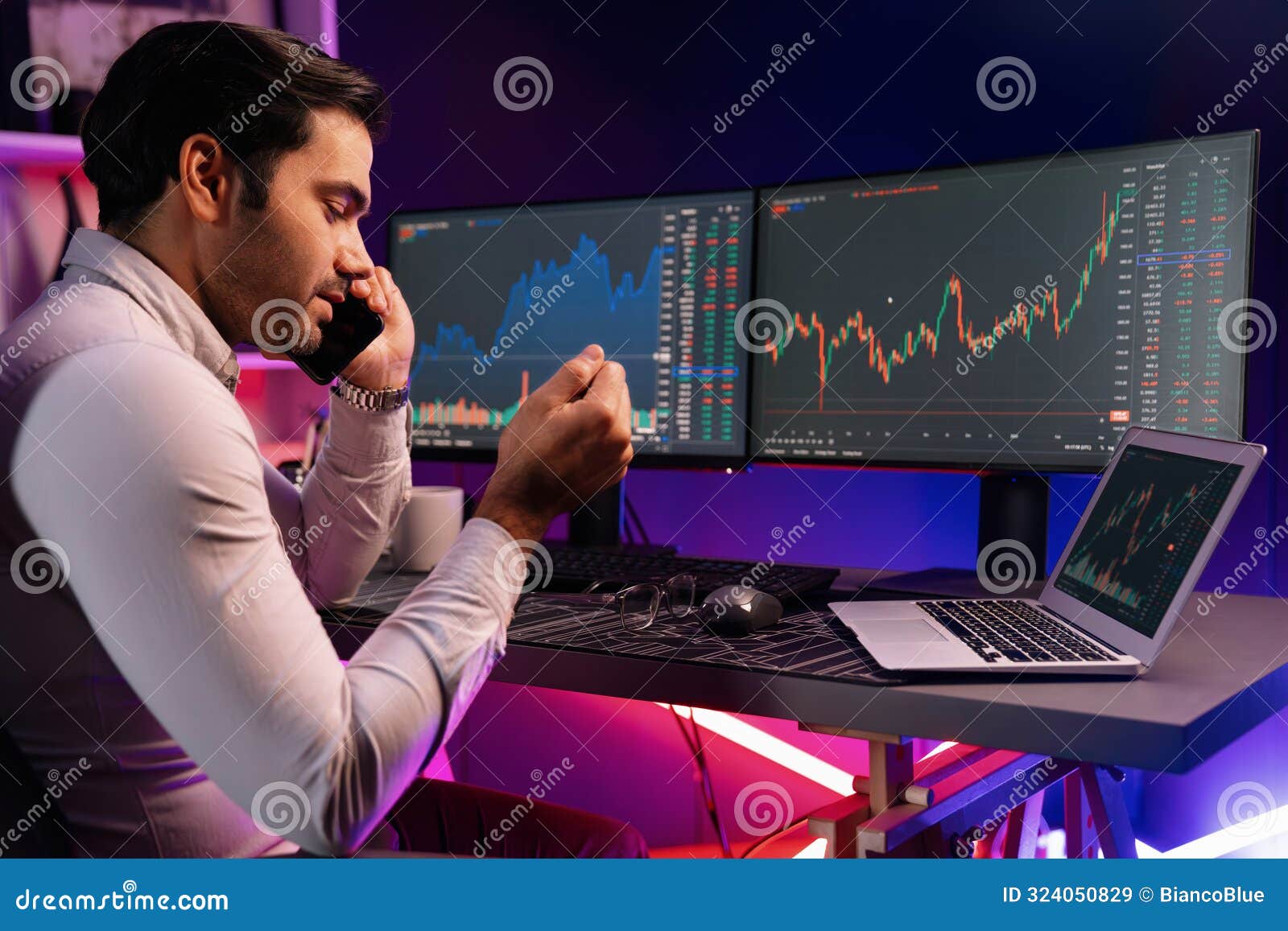 trader calling to broker or partner, analyzing in stock exchange. surmise.