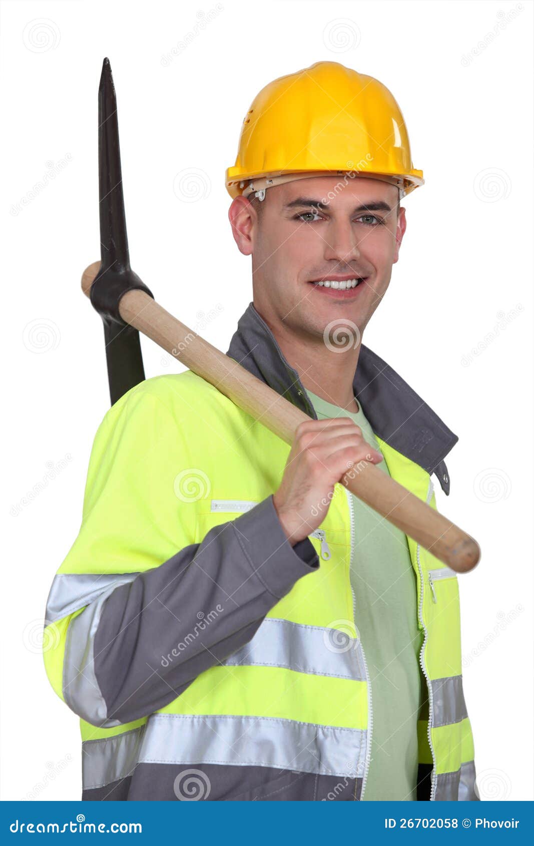 tradesman carrying a pickaxe