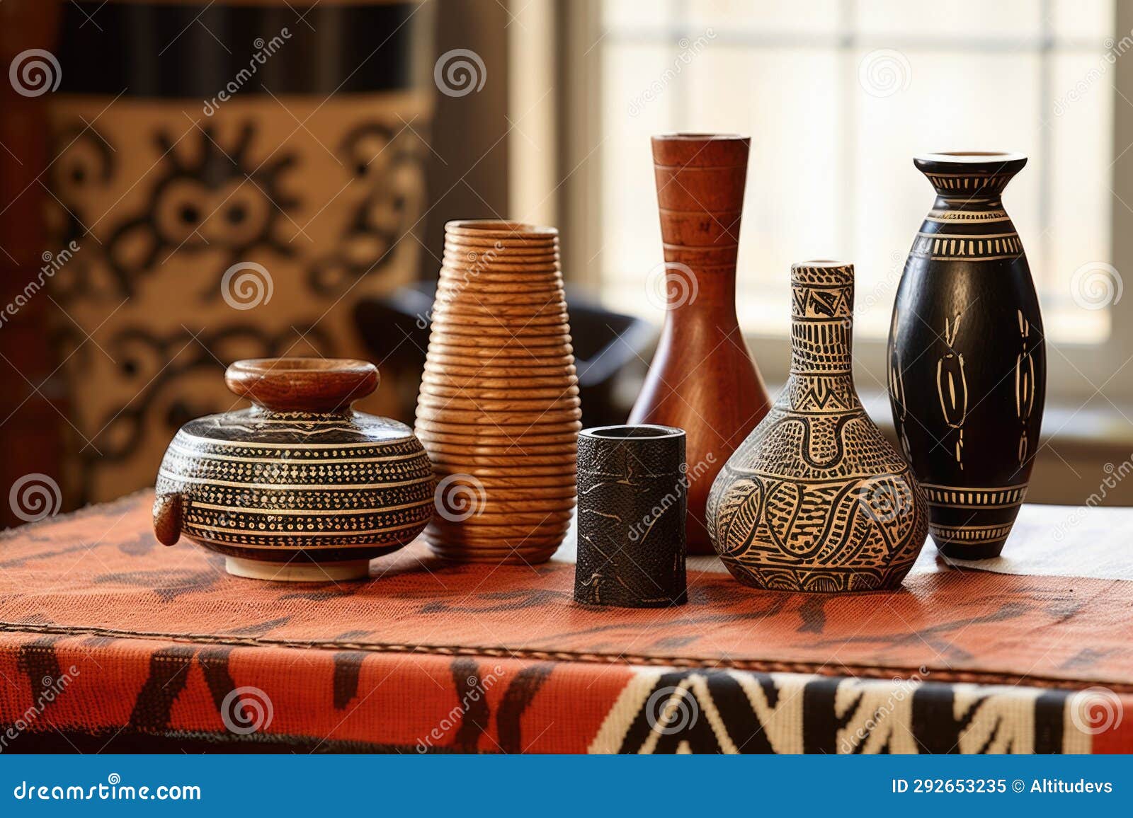 Traditional African Art Pieces on a Table Stock Image Image of