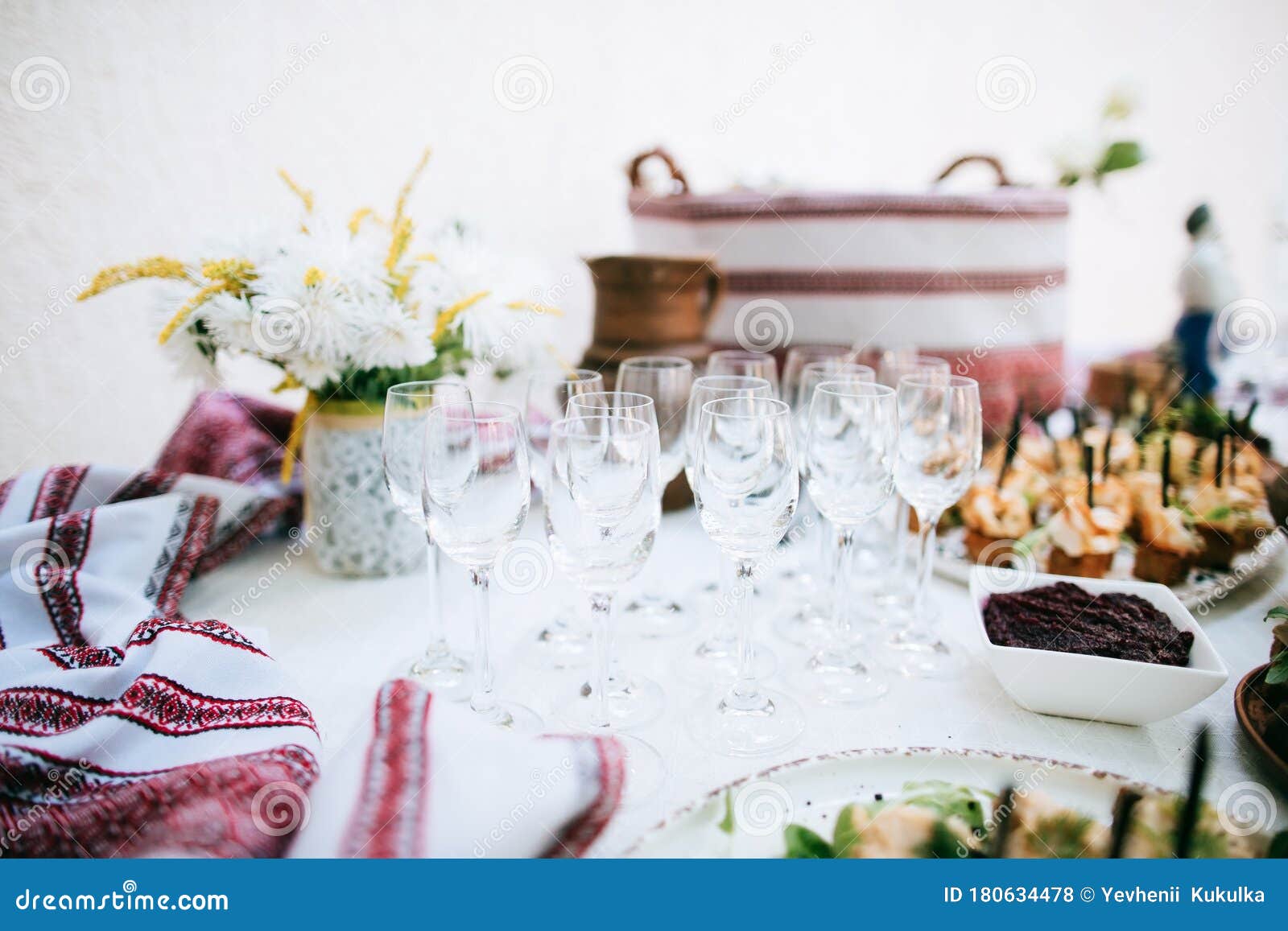 Traditional Alcohol Bar with Snacks at the Wedding Ceremony Stock Photo