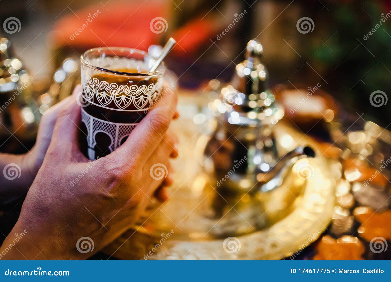 Traditional Arabic Tea Cup, Arab People Drinking Tea in Ramadan Stock