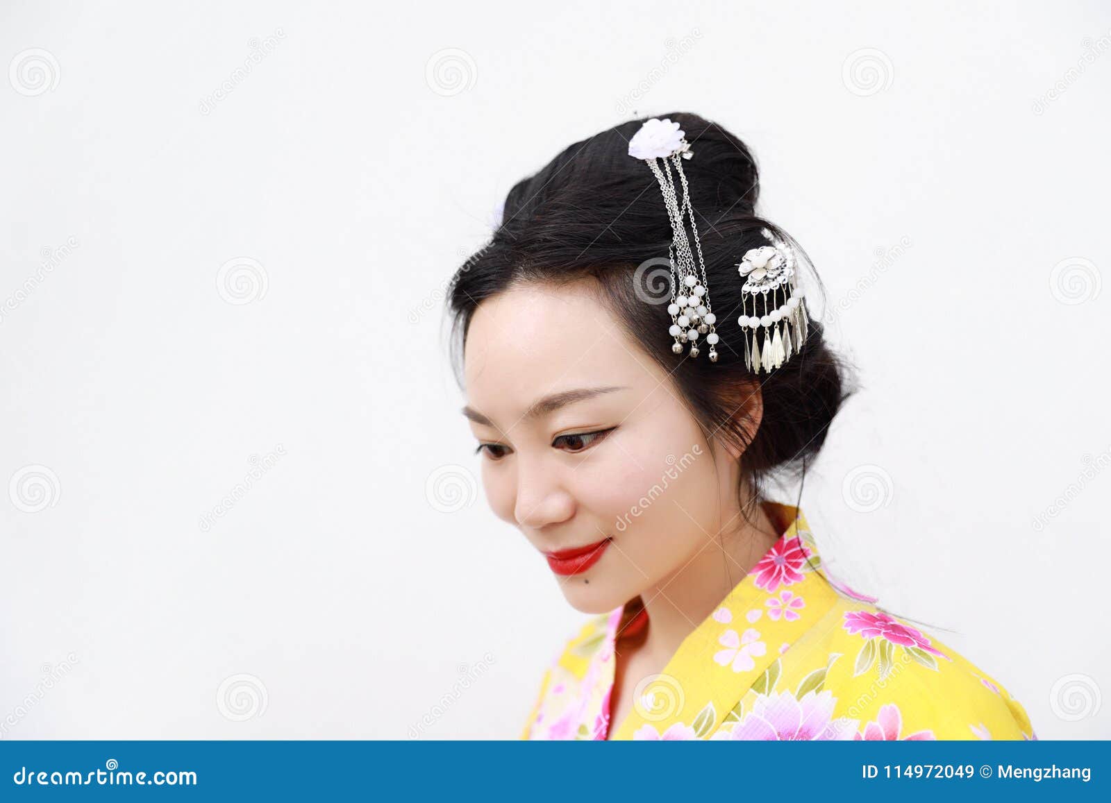 Traditional Asian Japanese Woman With Kimono On Isolated White