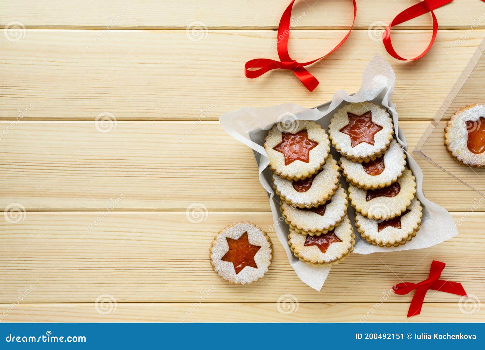 Traditional Austrian Christmas Linzer Cookies With Jam And Powdered Sugar In Box On Wooden Background Stock Image Image Of Celebration Austrian 200492151