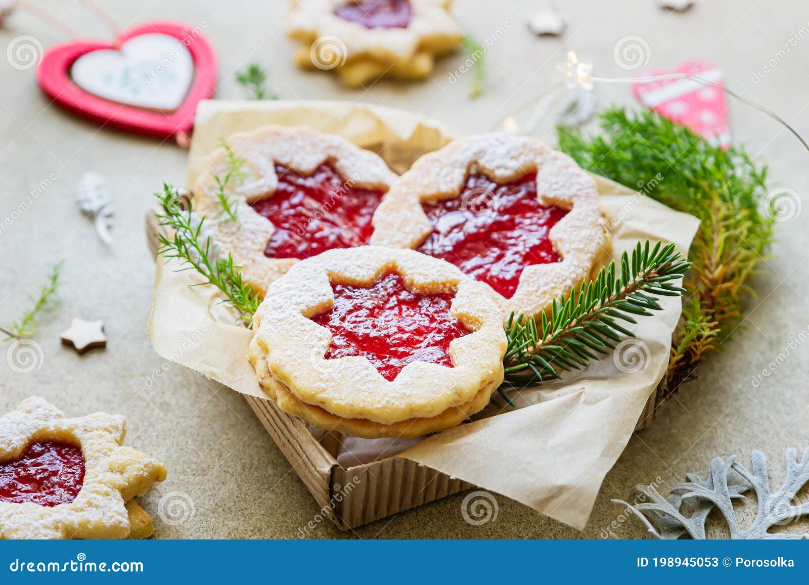 Traditional Austrian Cookies With Red Jam Christmas Or New Year Homemade Sweet Present In Gift Box Festive Decoration Stock Image Image Of Linz Bakery 198945053