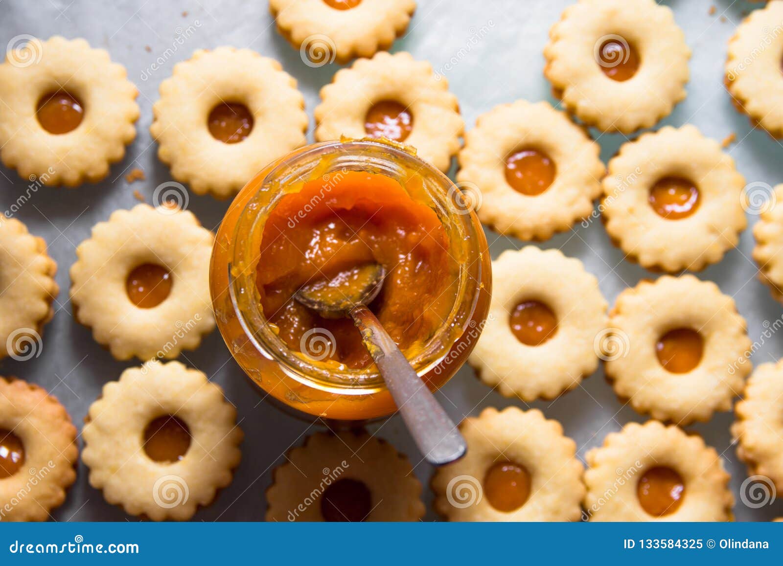 Traditional Austrian Home Baked Christmas Cookies Linzer Eyes With Apricot Jam On Baking Tray With Glass Jar And Spoon Stock Image Image Of Decoration Apricot 133584325