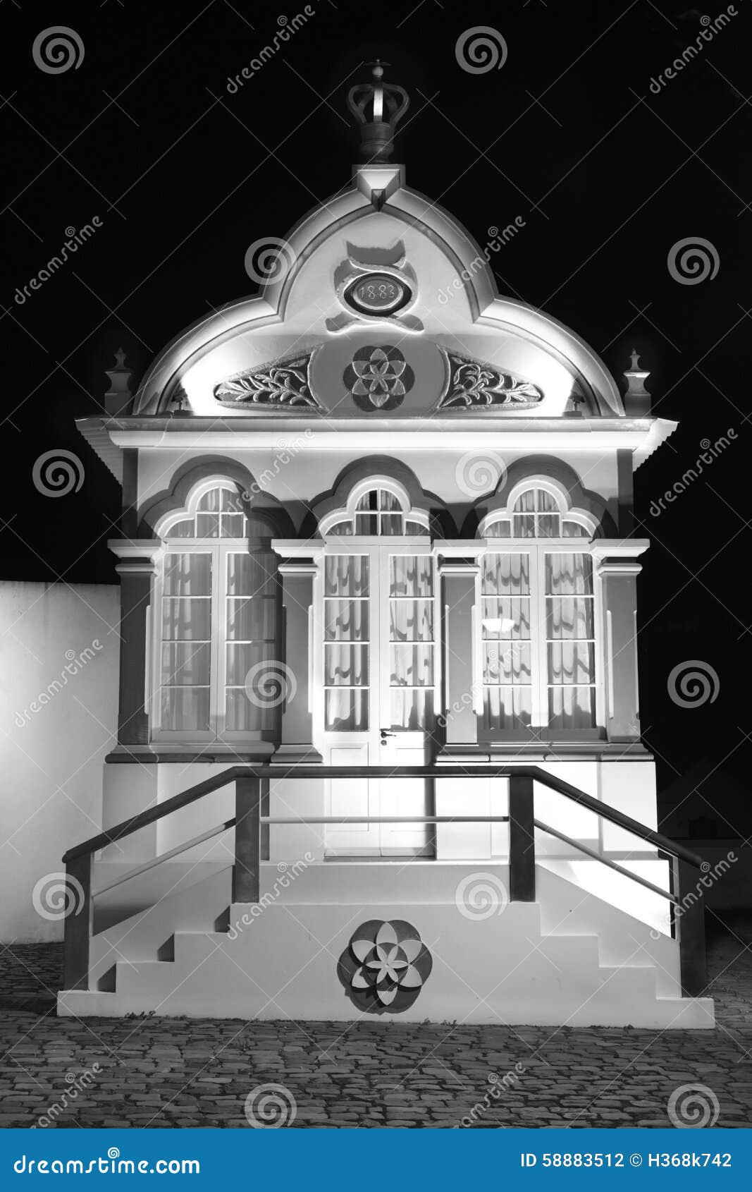 traditional azores chapel by night. imperio terceira. portugal.