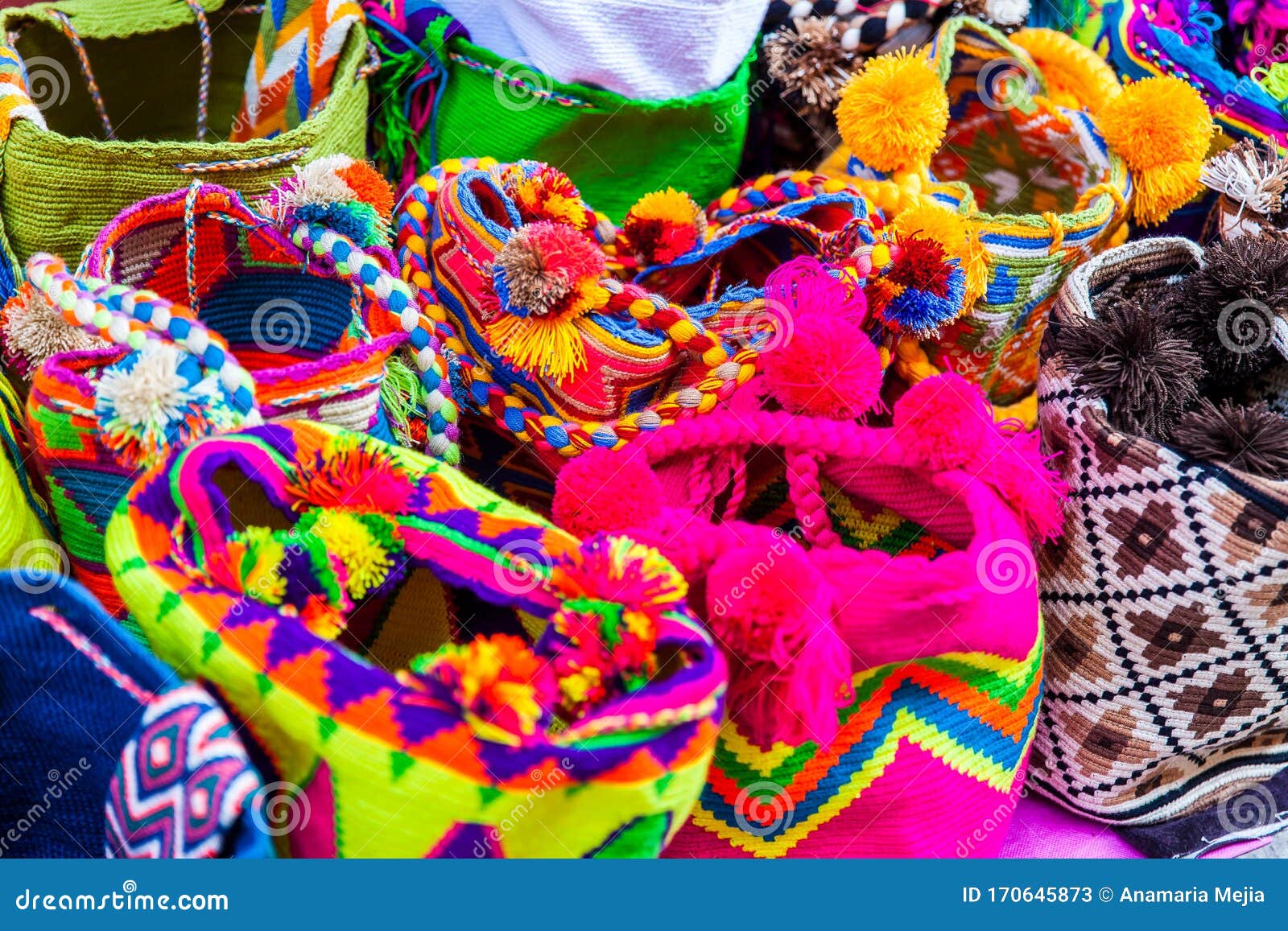 traditional bags hand knitted by women of the wayuu community in colombia called mochilas