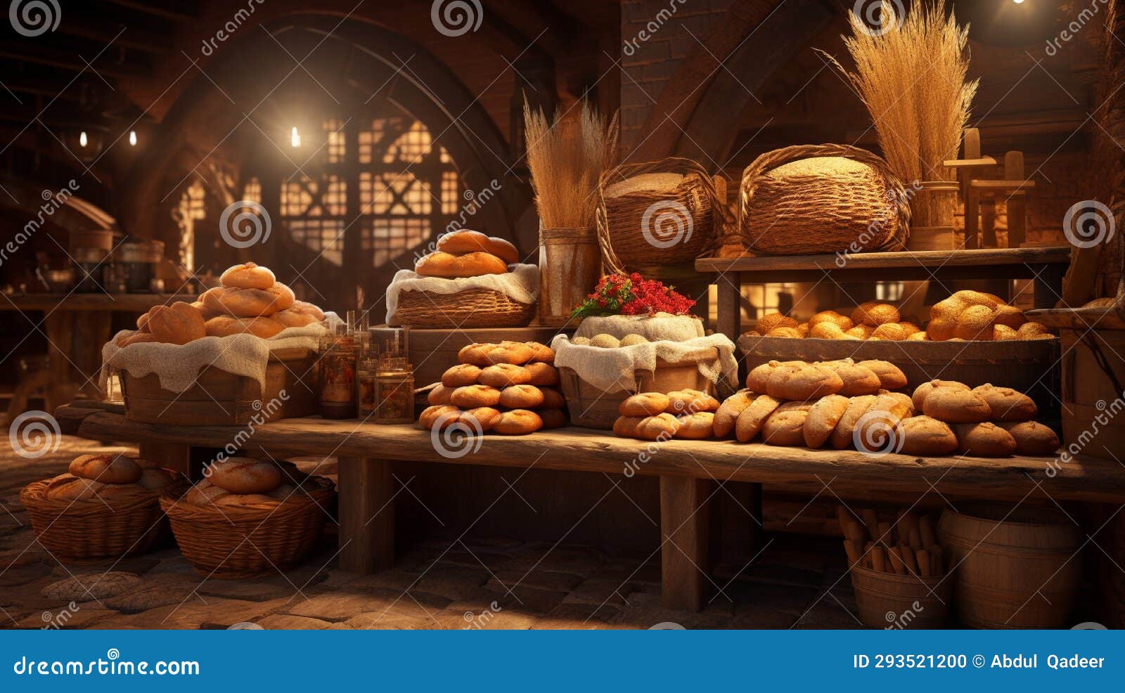 a traditional bakery, the aroma of freshly baked bread wafting.