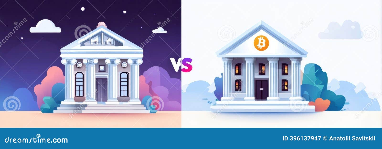 Comparison between Traditional Banking and Cryptocurrency Institutions  Highlighting Modern Finance Stock Image - Image of wealth, financial:  396137947