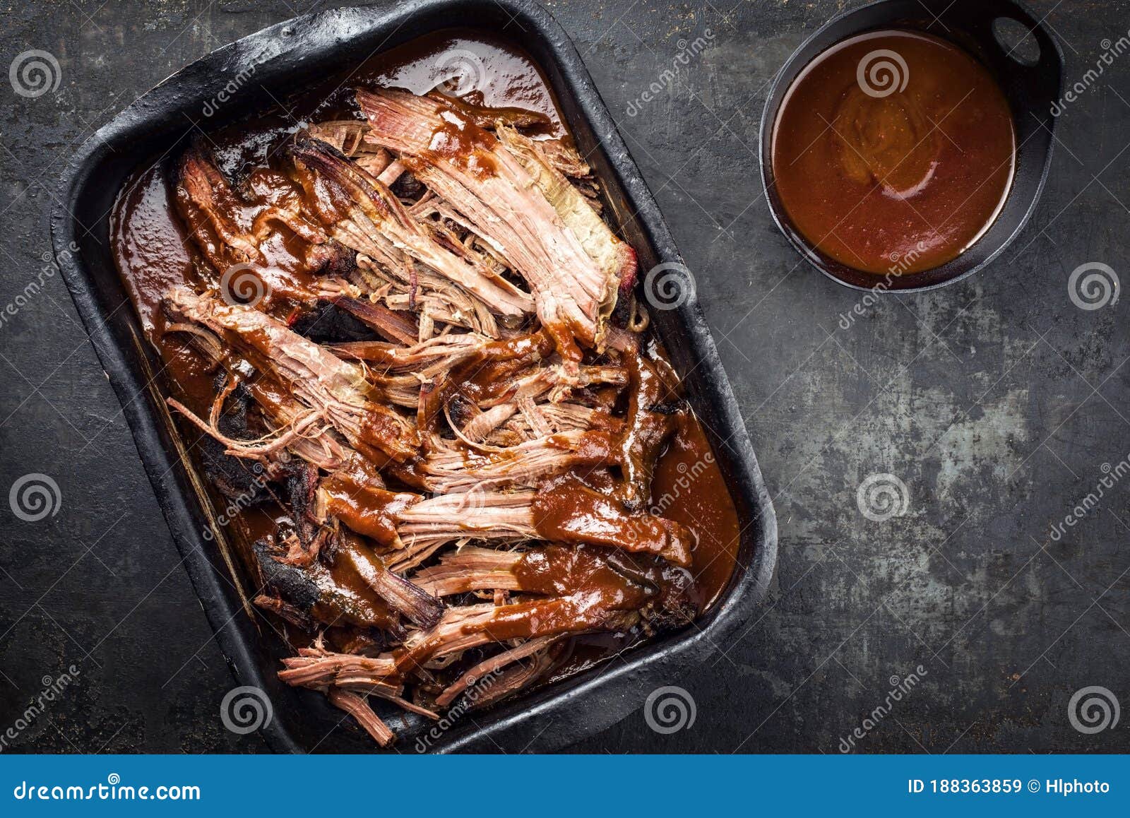 Traditional Barbecue Wagyu Torn To Bits Pulled Beef In Hot Chili Sauce In A Roasting Dish On A Rustic Board Stock Image Image Of Meal Bits 188363859