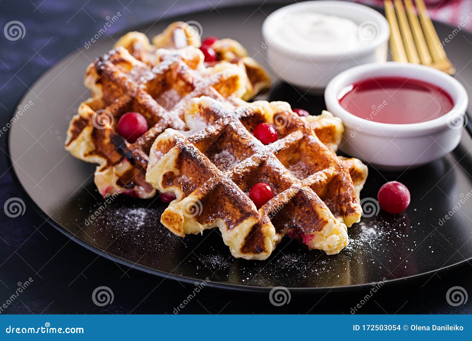 Traditional Belgian Waffles with Berries, Sour Cream and Jam Stock
