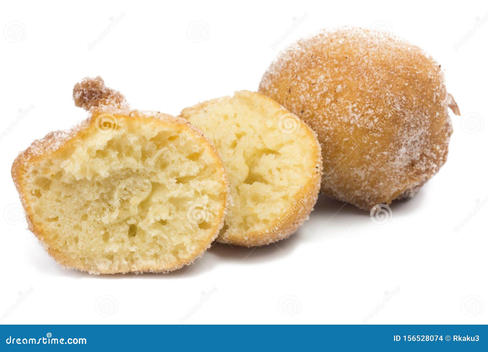 traditional brazilian mini fried cake called bolinho de chuva with one open  in white background close
