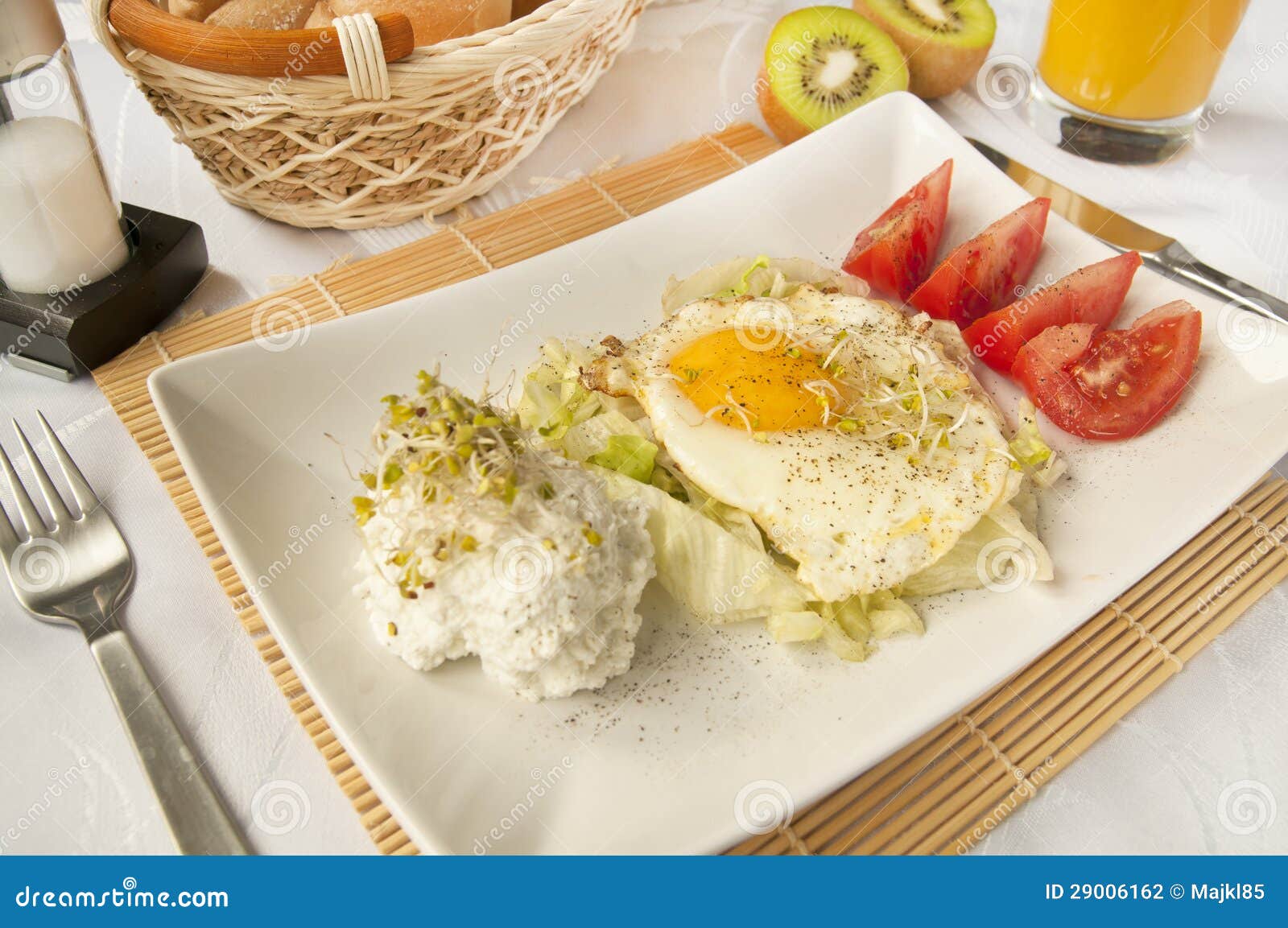 Traditional Breakfast Fried Eggs and Cottage Cheese Stock Photo