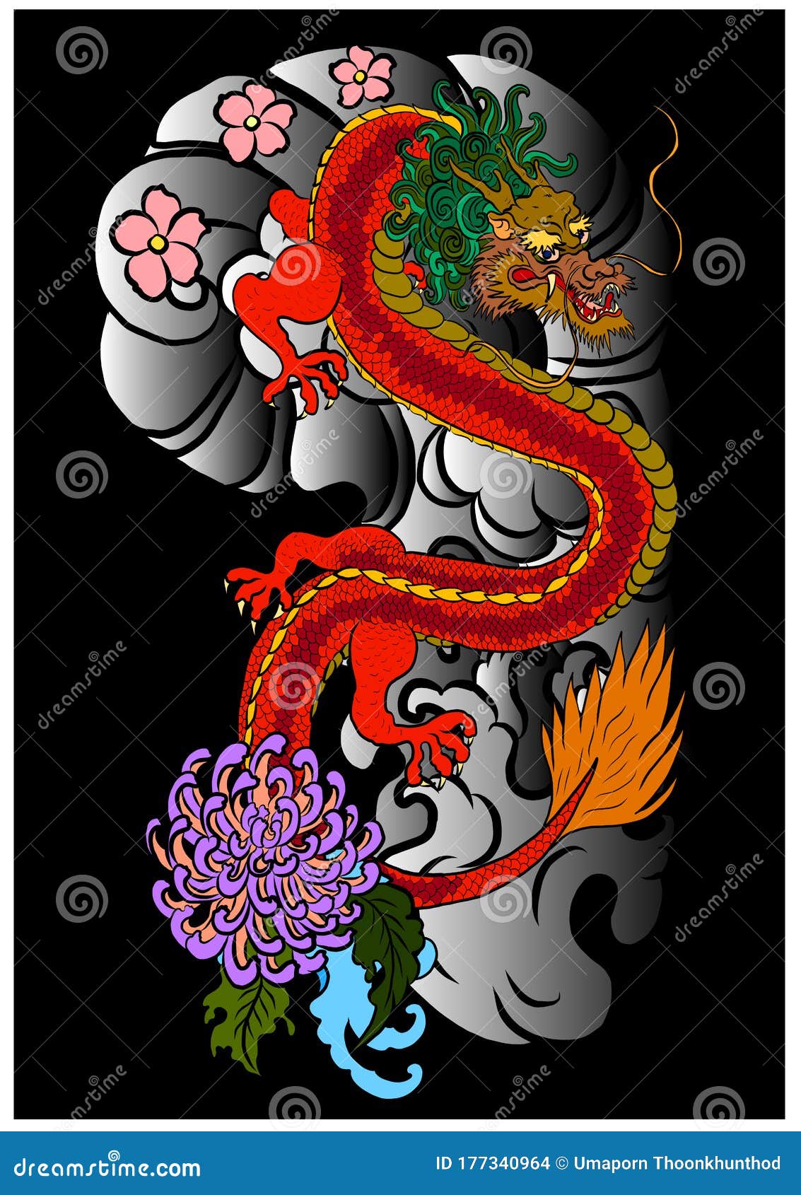 Hand Drawn Japanese Tattoo Design with Flower and Wave for Printing on  Jacket or T-shirt Style Asian. Stock Vector - Illustration of background,  asian: 177340964