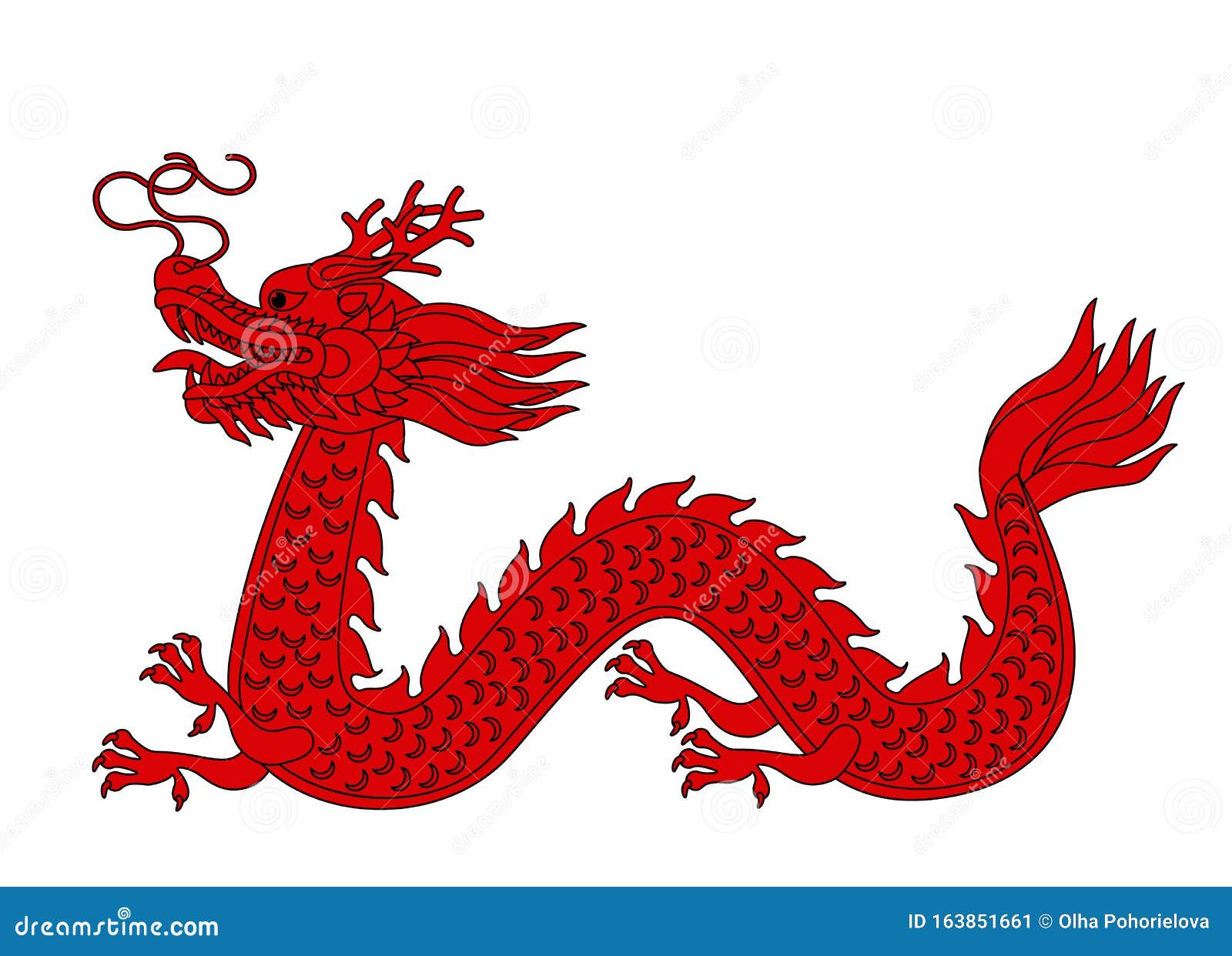 Traditional Chinese Red Dragon in Linear Style Stock Illustration