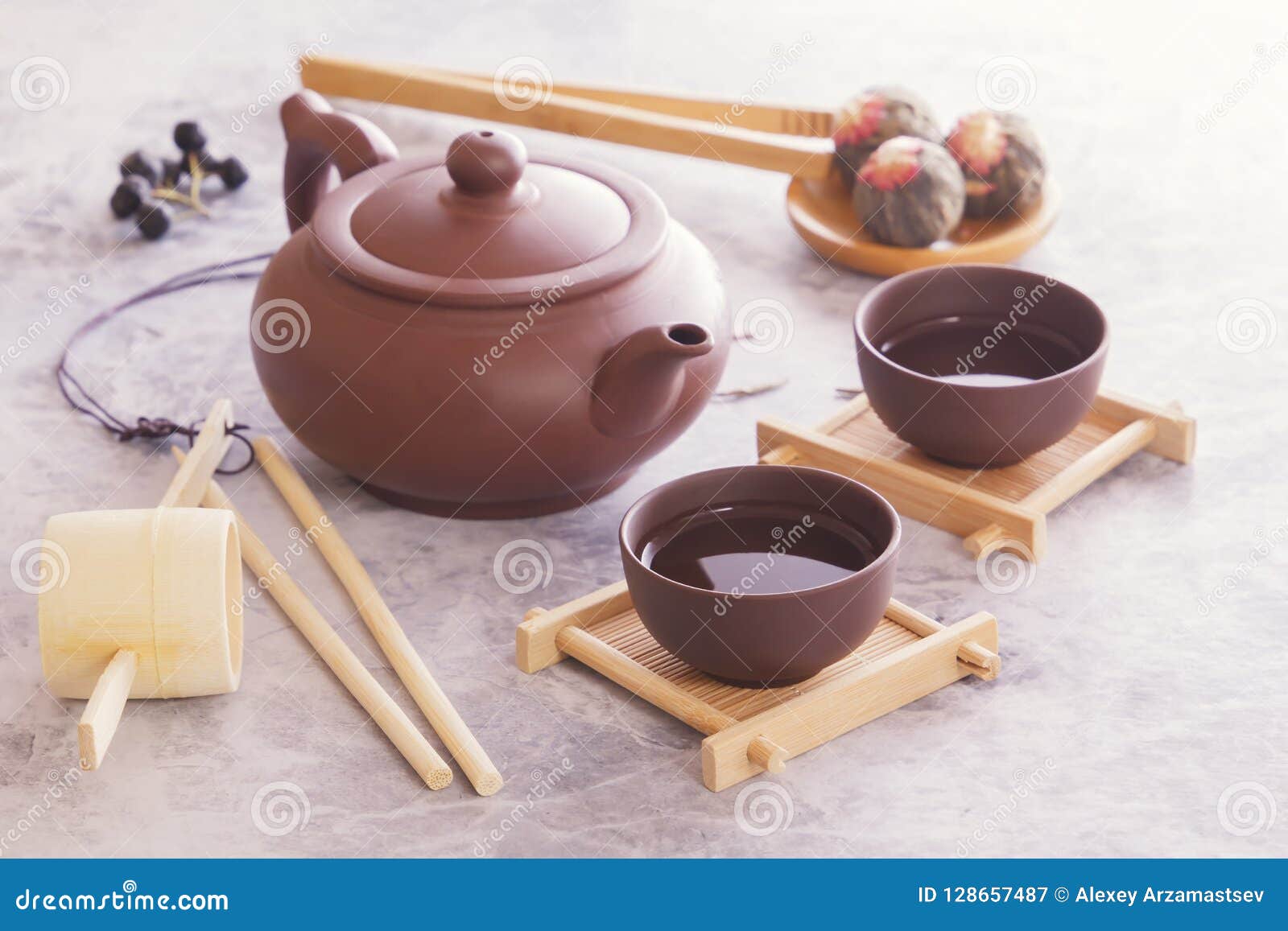 Traditional Chinese Tea Cups, Ceramic Teapot and Tea Ceremony