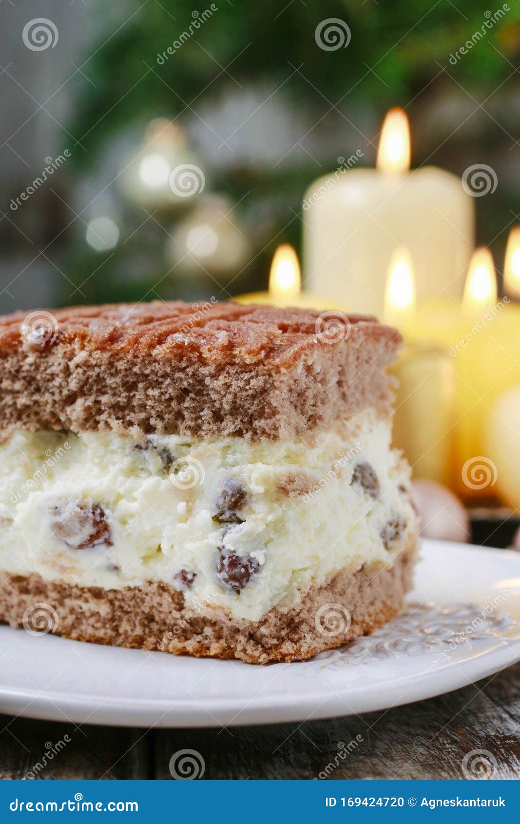 Traditional Christmas Cheesecake with Chocolate Topping Stock Photo