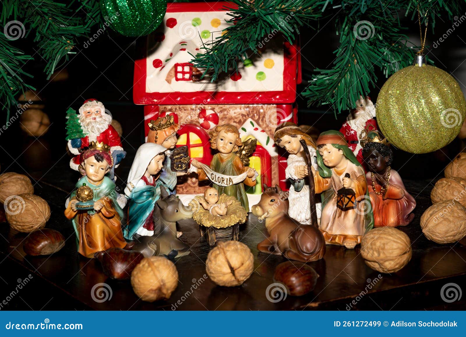 Traditional Christmas Crib Decorated Under the Christmas Tree. Stock