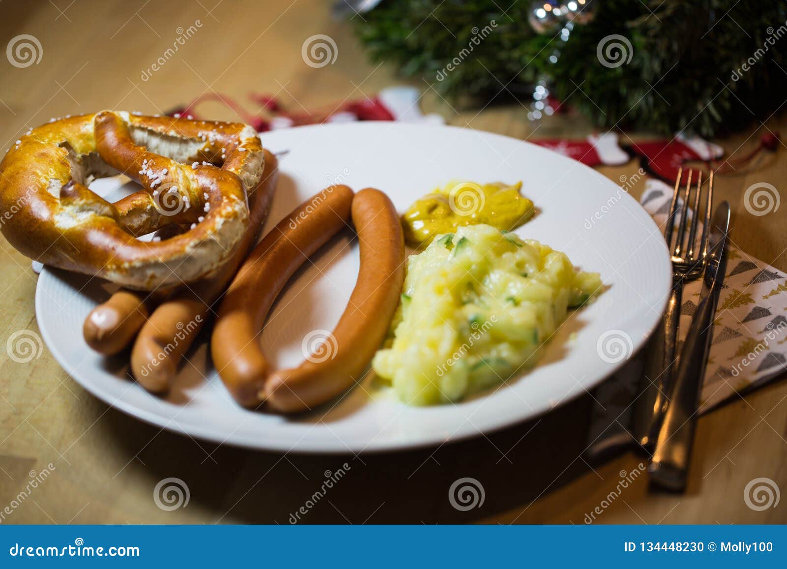 Traditional Christmas Dinner in Germany, Sausages and Potato Salad