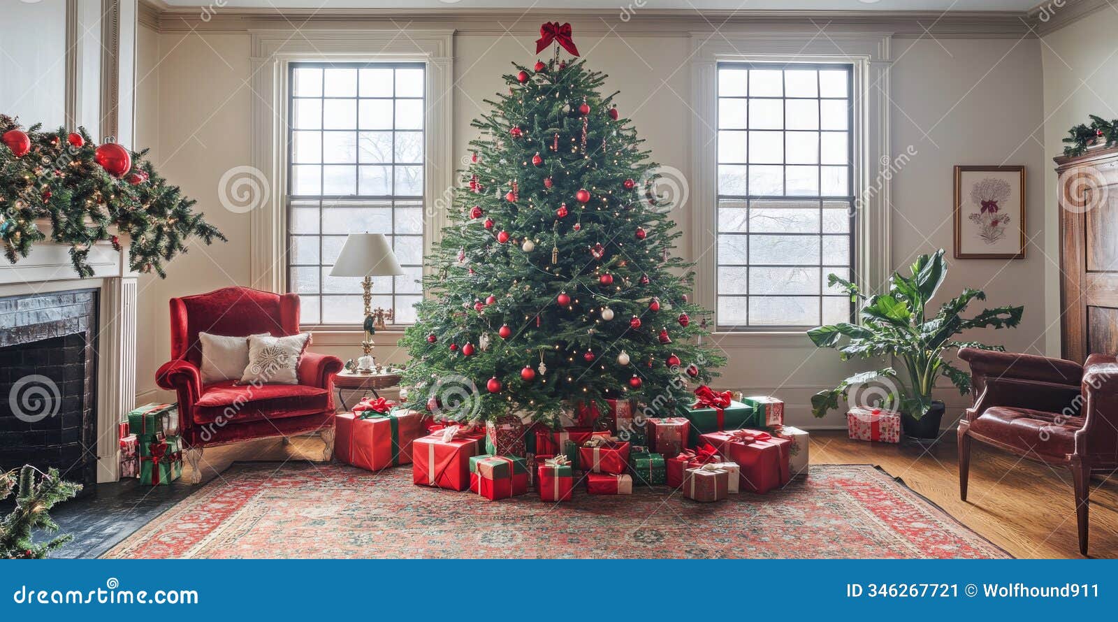 a traditional christmas tree with classic red and green decorations, surrounded