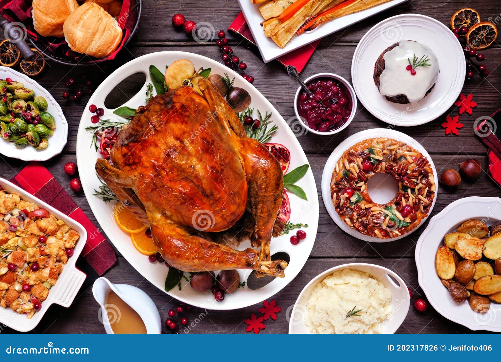 Traditional Christmas Turkey Dinner. Top View Table Scene on a Dark ...