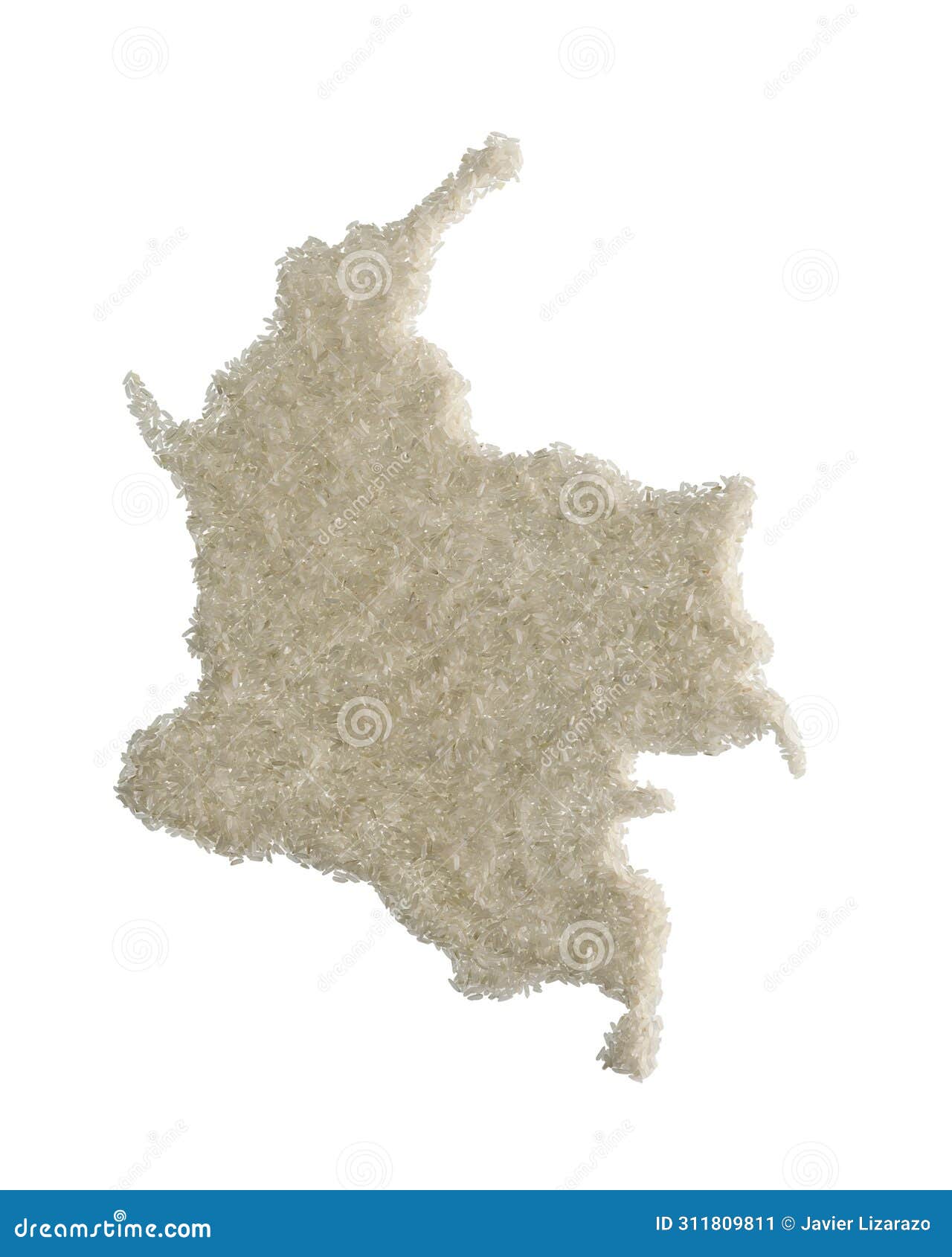 mapa de colombia hecho en arroz blanco crudo, editorial con espacio para textos