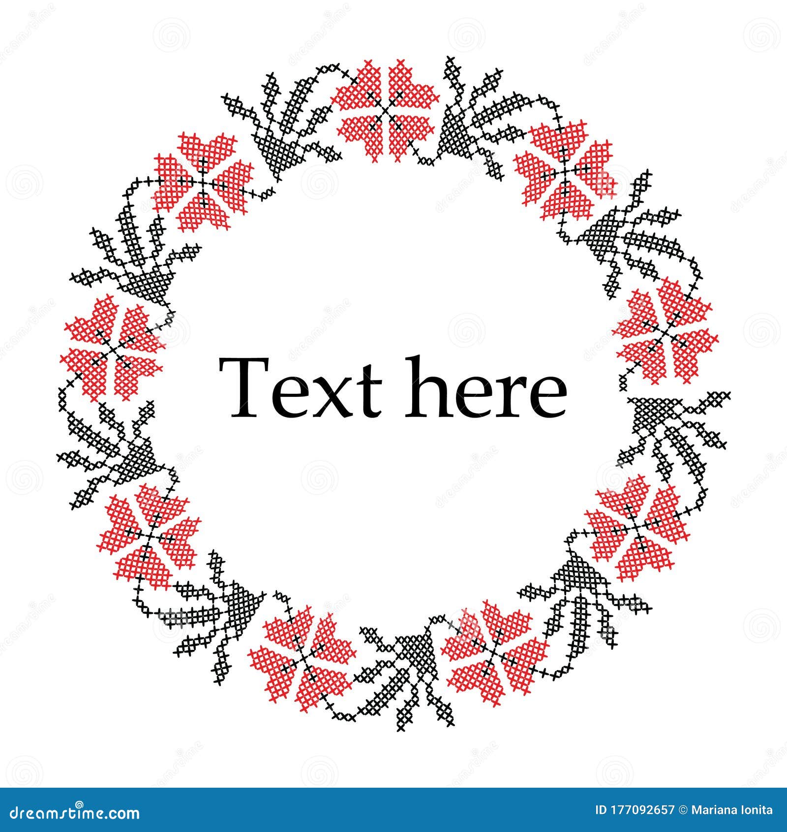 Traditional Cross Stitch Floral Round Frame Stock Vector Illustration