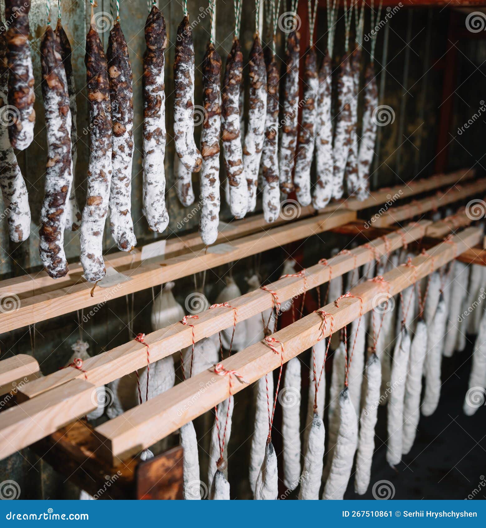 traditional cured french sausages in the store at franche comte smoke house
