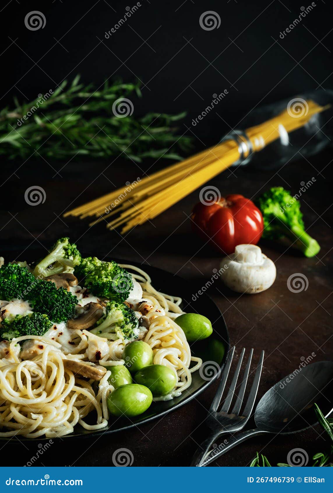 Traditional Delicious Pasta with Chicken, Mushrooms, Broccoli, Cream