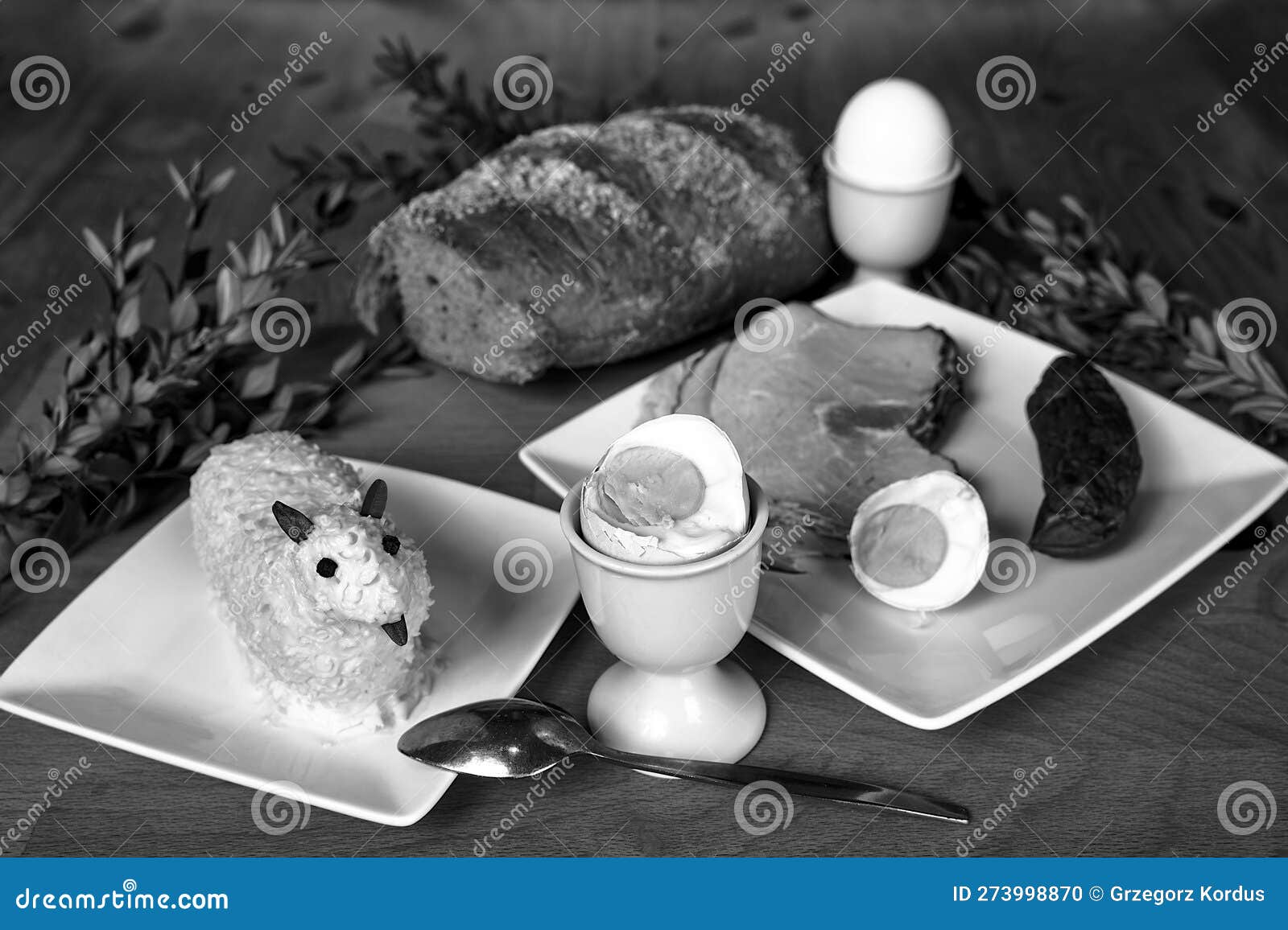 Traditional Dishes for Easter Breakfast and Butter Lamb Stock Photo