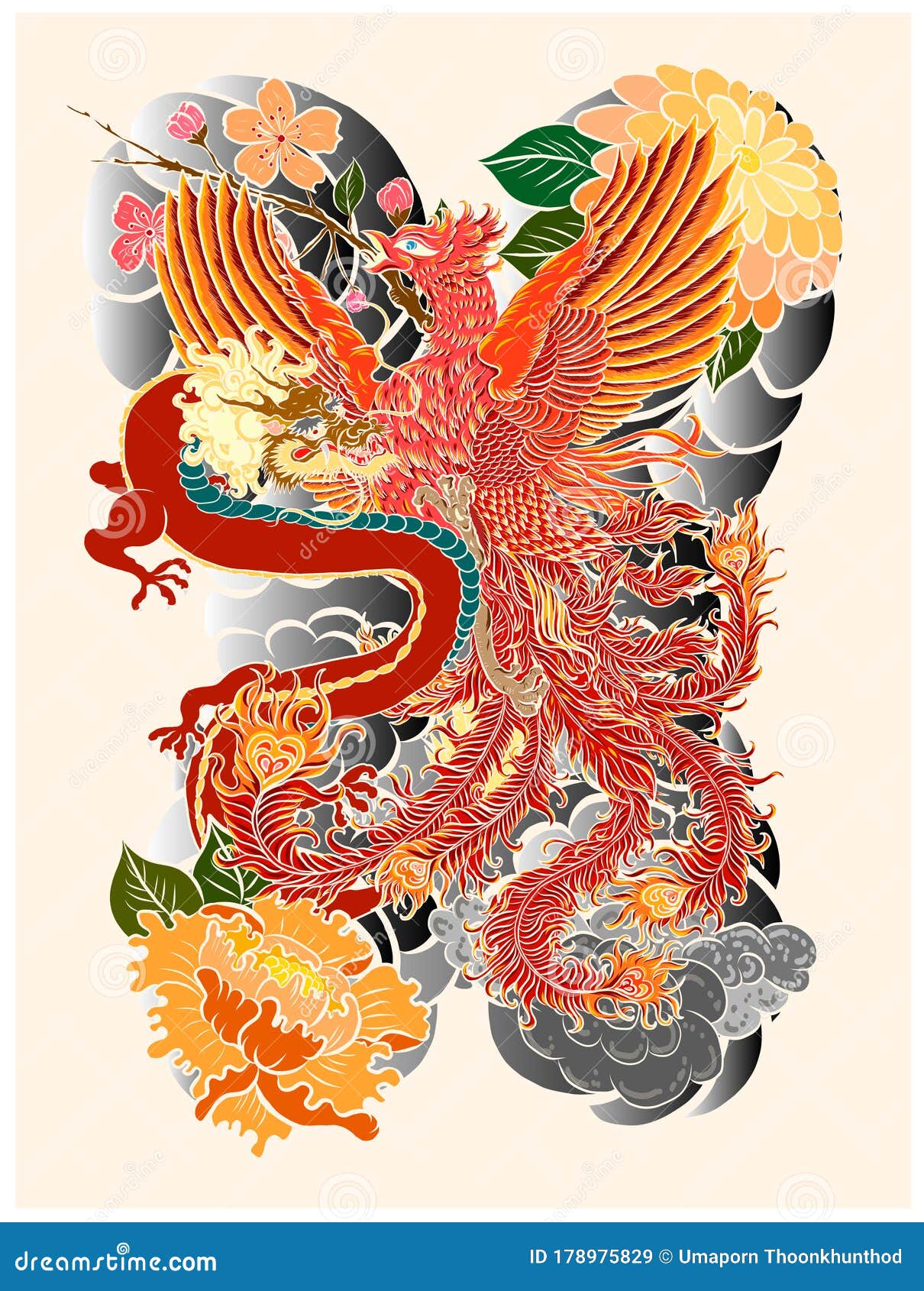 Traditional Dragon Battle With Phoenix For Tattoo Design Stock Vector Illustration Of Animal Culture