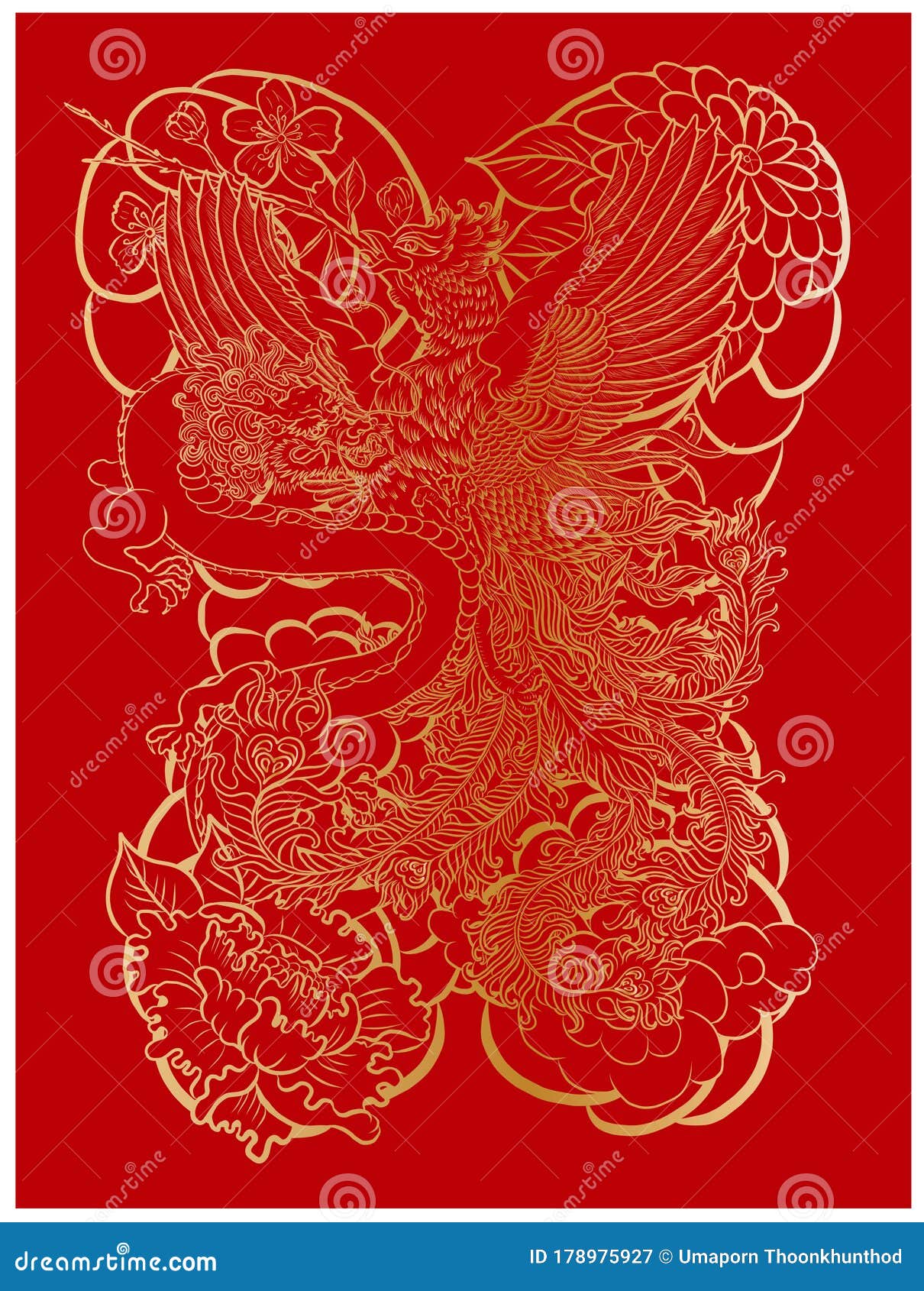 Traditional Dragon Battle with Phoenix for Tattoo Design. Stock Vector -  Illustration of orange, background: 178975927