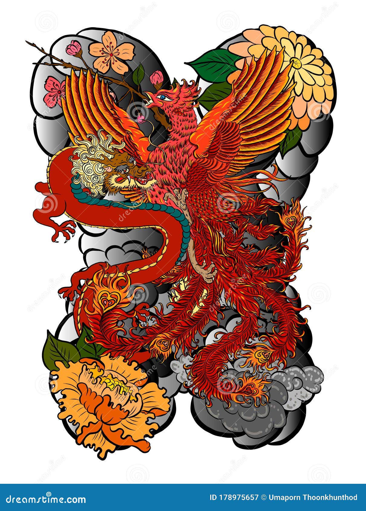 Japanese Tattoo design full back bodyThe Dragon and Phoenix fire bird with  Peach juice and peony flowercherry blossompeach blossom on cloud  backgroundPhoenix Fire bird with Old Dragon vector Stock Vector  Adobe