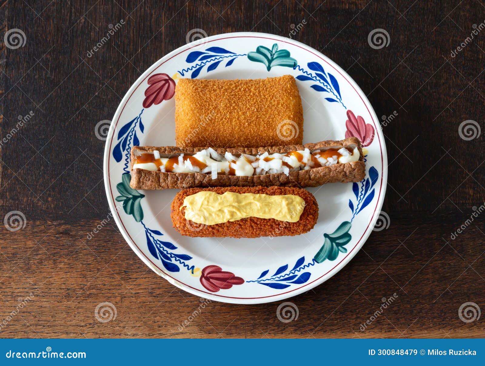 traditional dutch fast food snacks, kaassouffle, frikandel speciaal and kroket