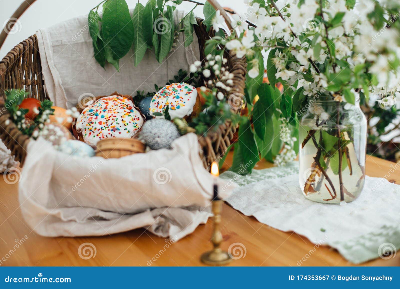 Traditional Easter Basket Easter Modern Eggs Easter Bread Ham Beets Butter Sausages In Rustic Basket Decorated With Green Stock Image Image Of Orthodox Candle 174353667