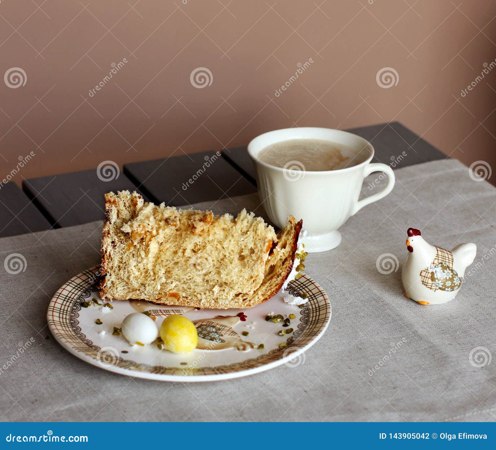 Traditional Easter Breakfast. Table Setting with Easter Cake, a Cup of
